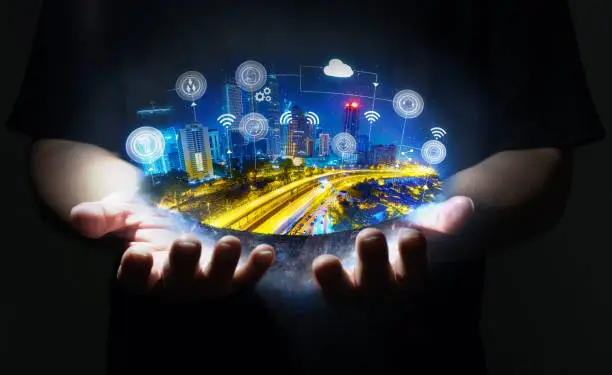 Futuristic city with drones